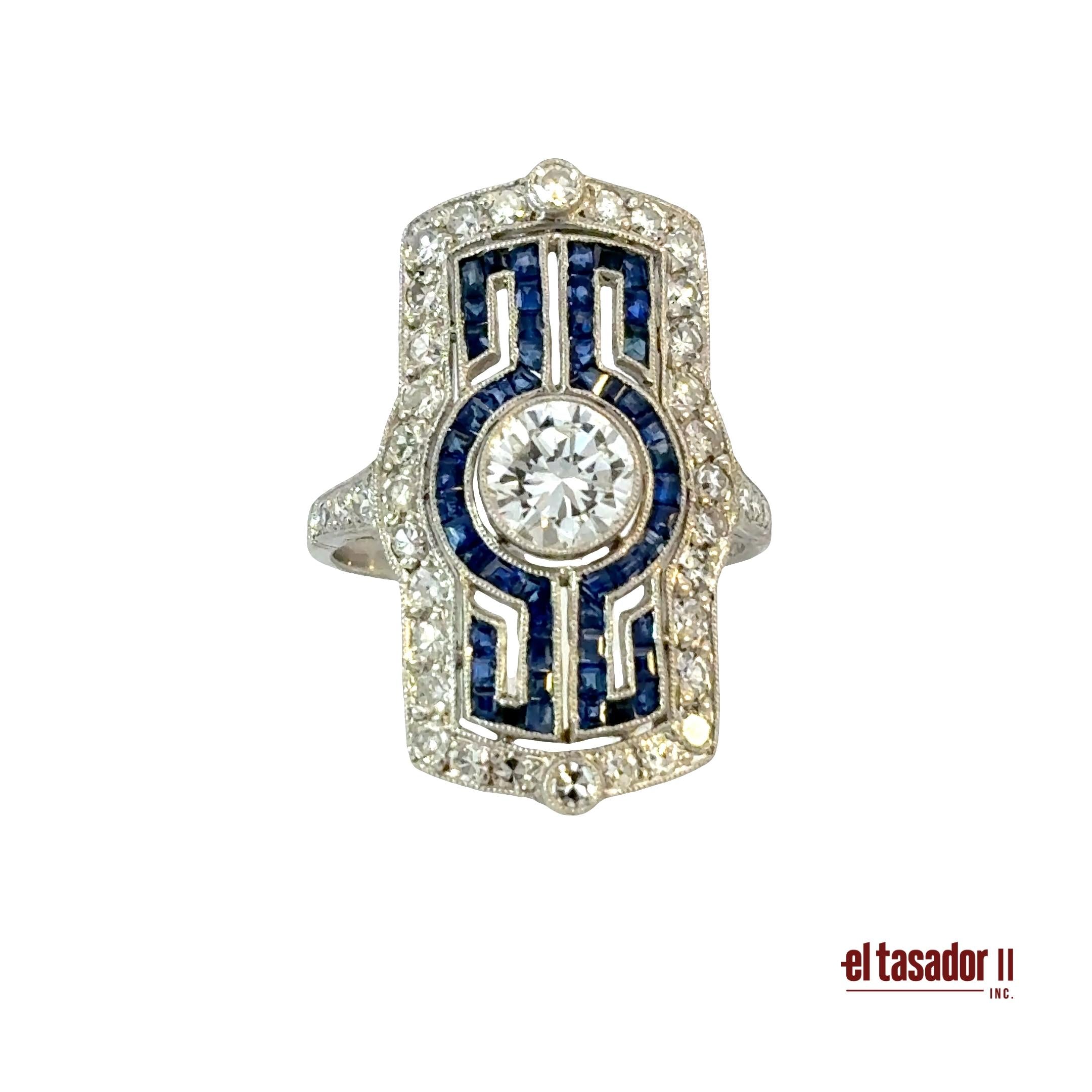 Rectangular ring 7.4 g platinum, center stone 0.95 ct, Sapphires and Diamonds