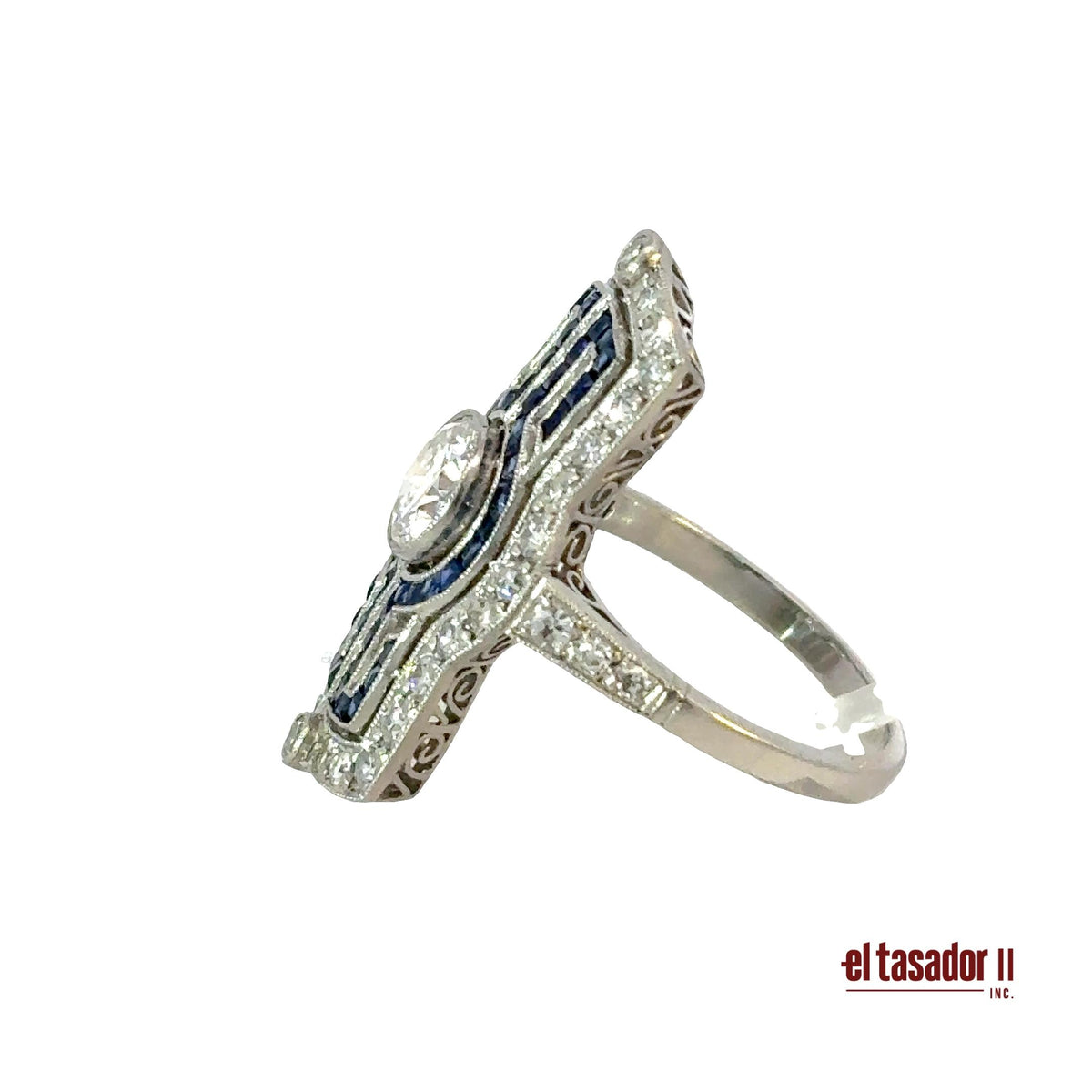 Rectangular ring 7.4 g platinum, center stone 0.95 ct, Sapphires and Diamonds