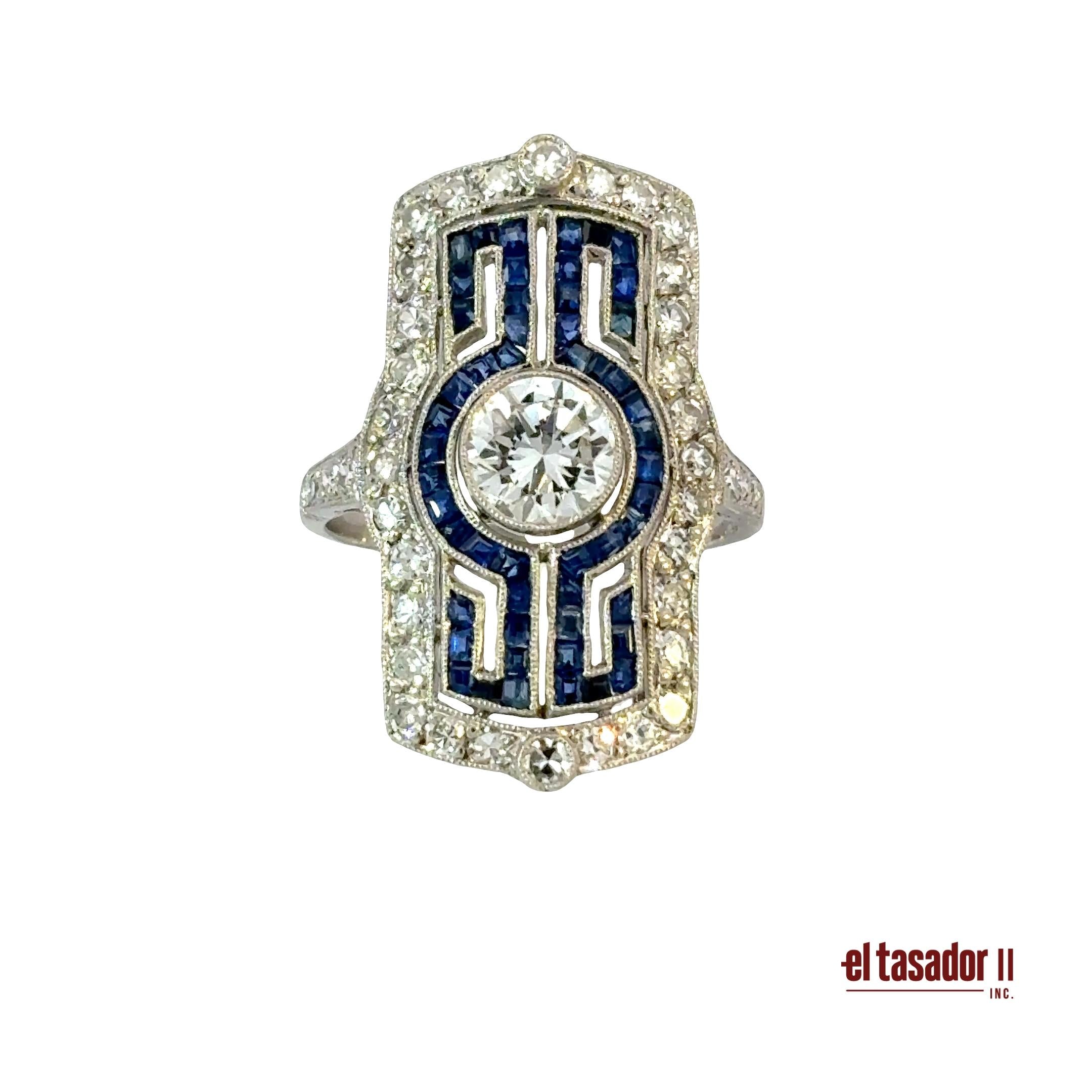 Rectangular ring 7.4 g platinum, center stone 0.95 ct, Sapphires and Diamonds