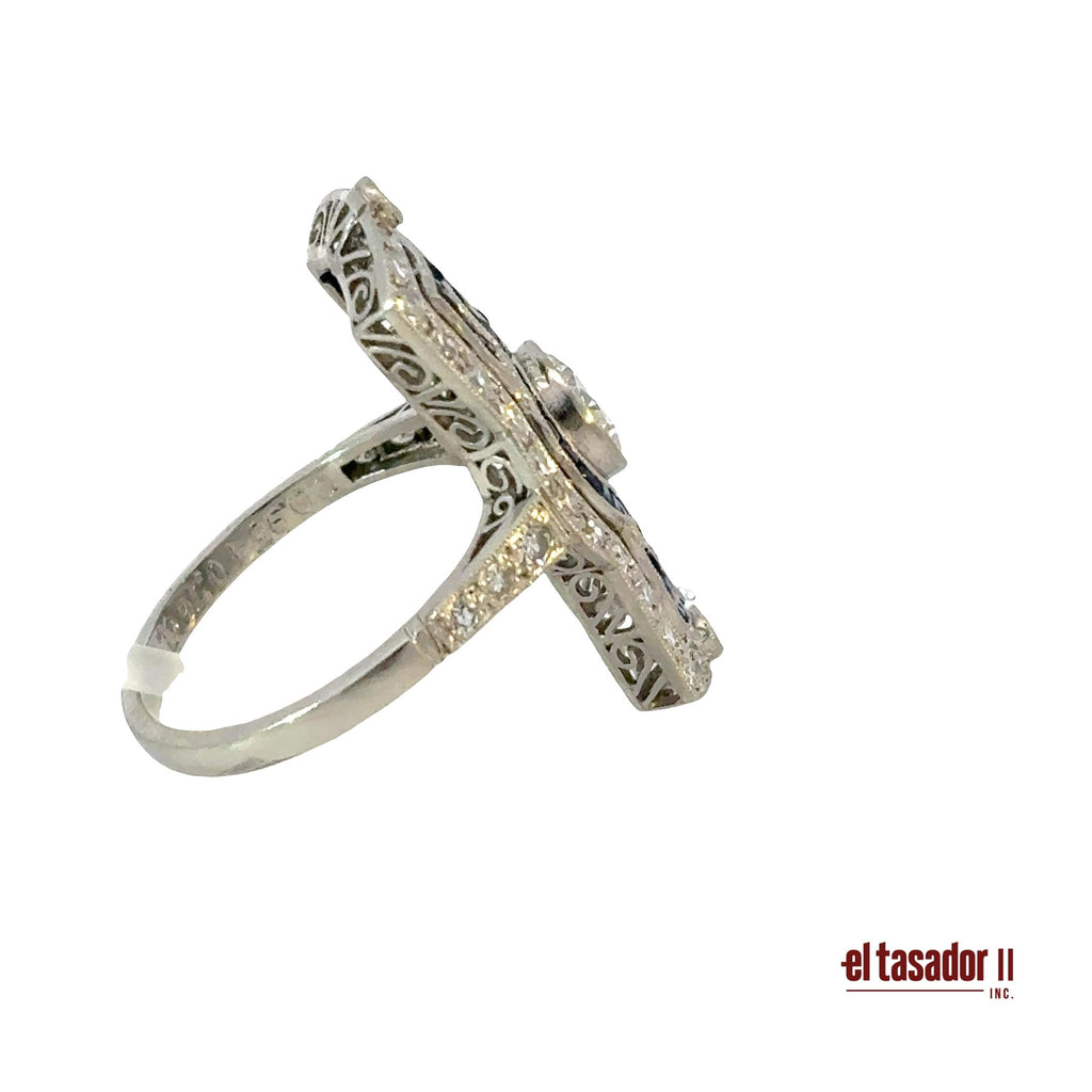 Rectangular ring 7.4 g platinum, center stone 0.95 ct, Sapphires and Diamonds