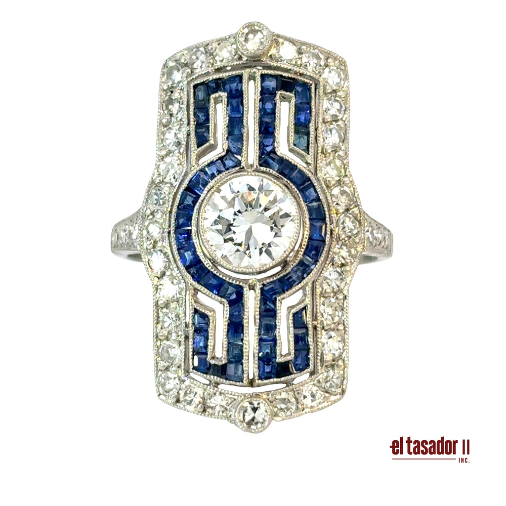 Rectangular ring 7.4 g platinum, center stone 0.95 ct, Sapphires and Diamonds