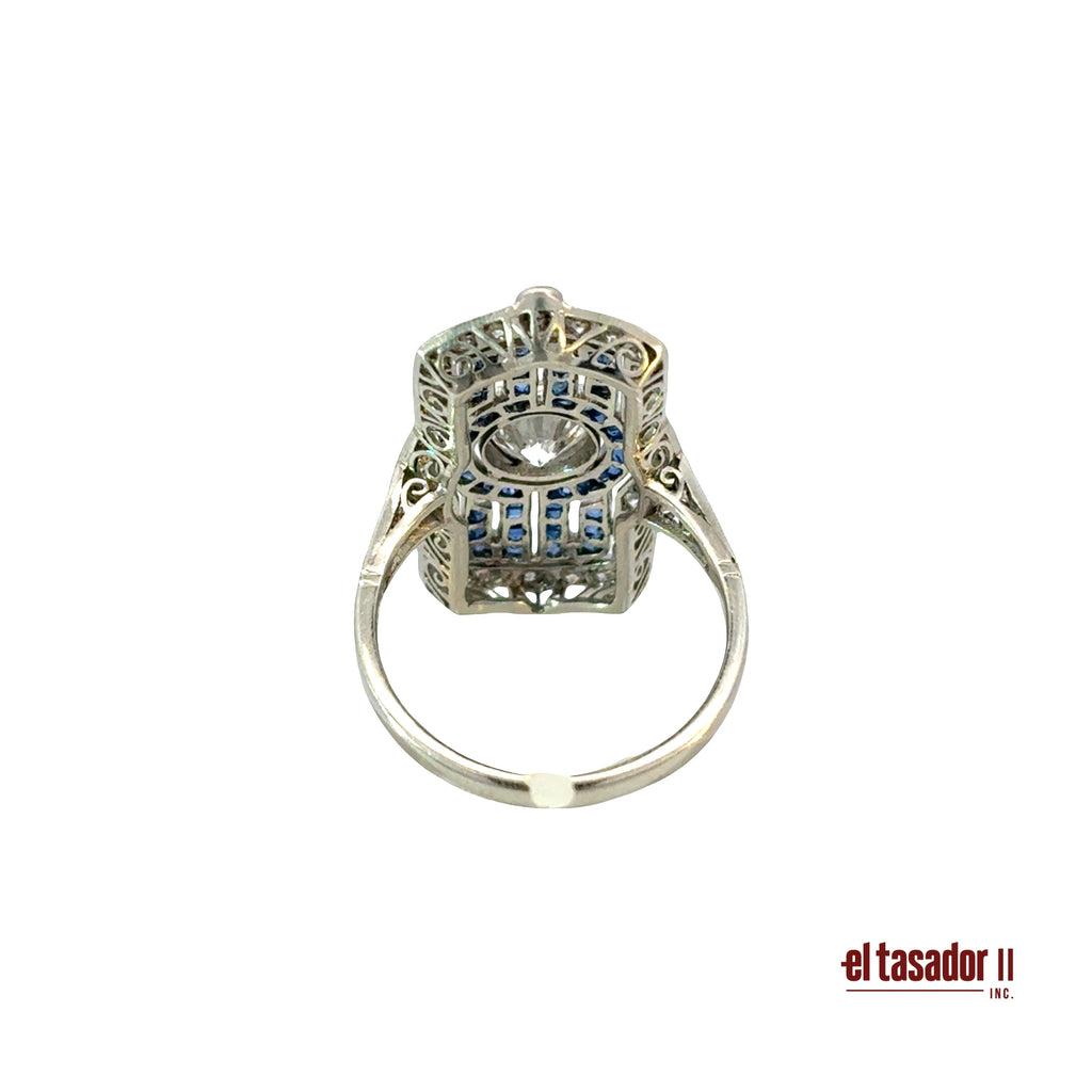 Rectangular ring 7.4 g platinum, center stone 0.95 ct, Sapphires and Diamonds