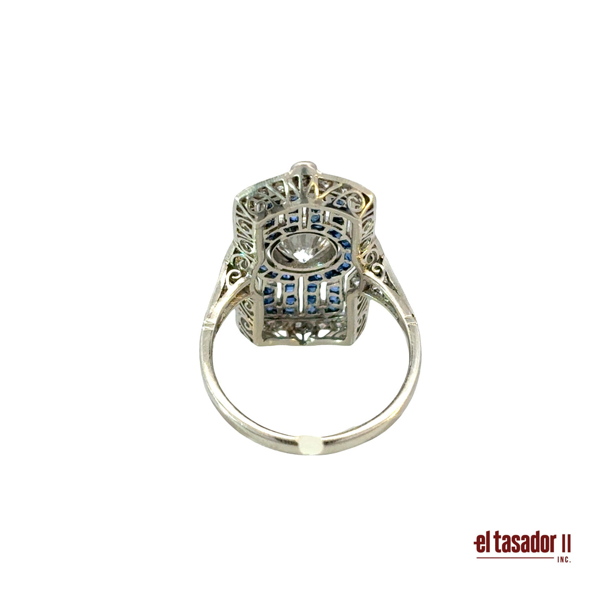 Rectangular ring 7.4 g platinum, center stone 0.95 ct, Sapphires and Diamonds