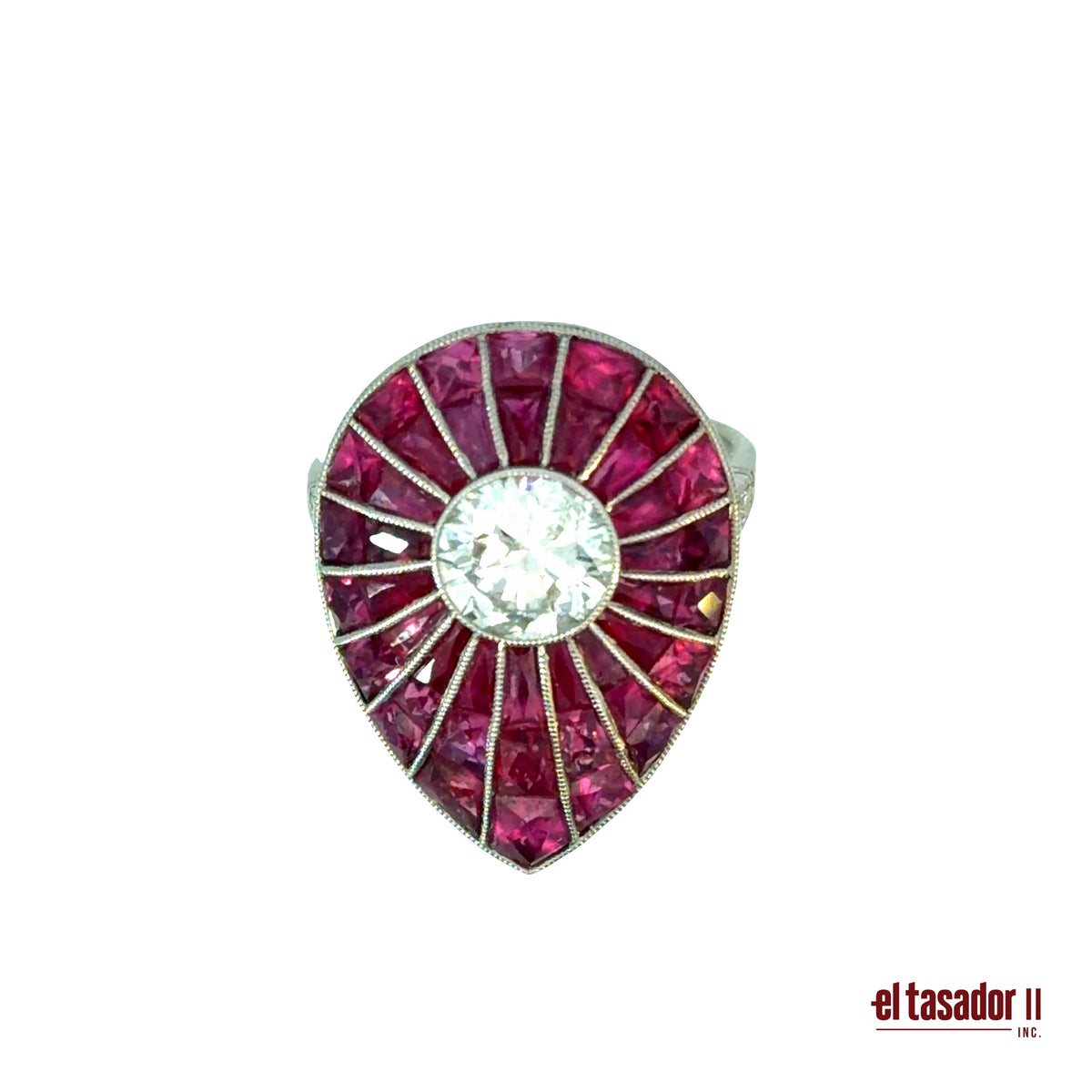 Drop ring 8.2 g platinum, center stone 1.31 ct, rubies and diamonds (N)