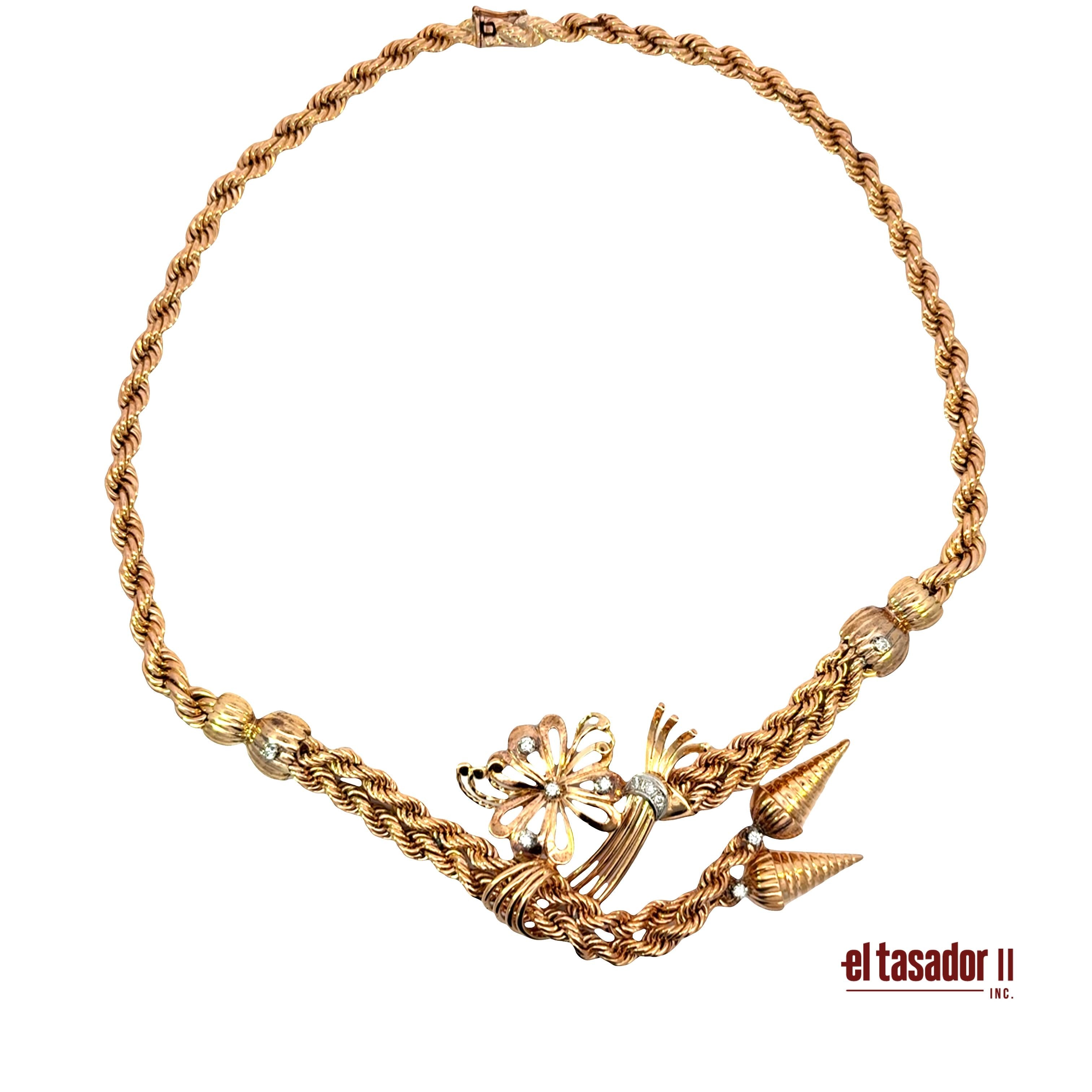 Braided flower necklace 76.8 g 18k gold and diamonds 0.56 ct (A)