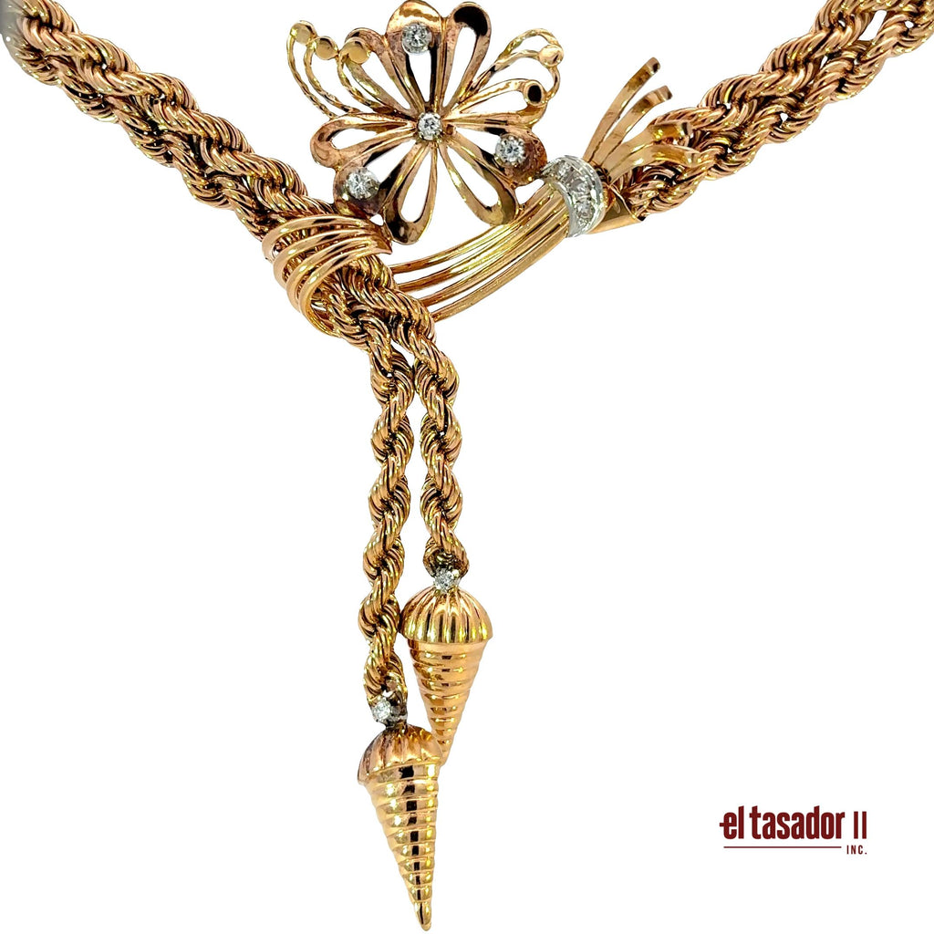 Braided flower necklace 76.8 g 18k gold and diamonds 0.56 ct (A)