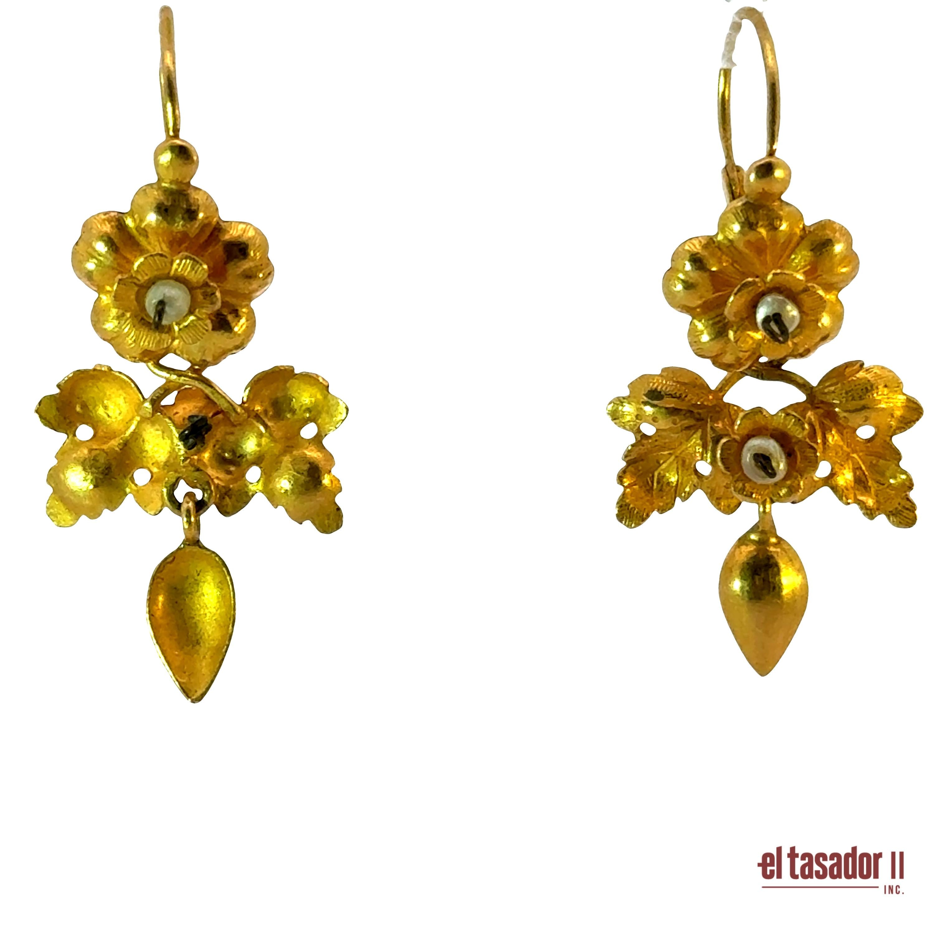 Antique flower earrings 6.6 g 18k gold and pearls (A)