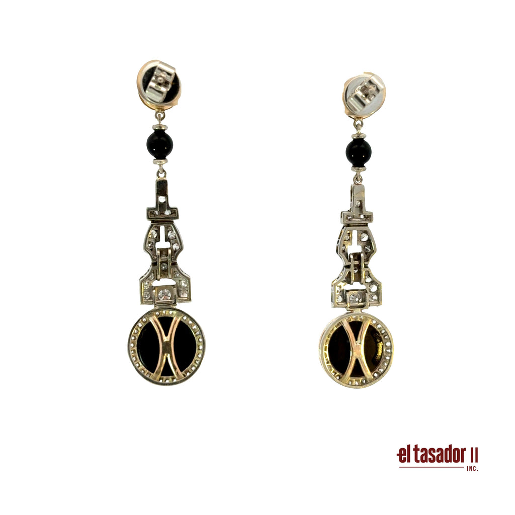 Drop earrings 12.8 g gold & platinum, Center 0.80 ct, onyx & 0.60 ct of diamonds