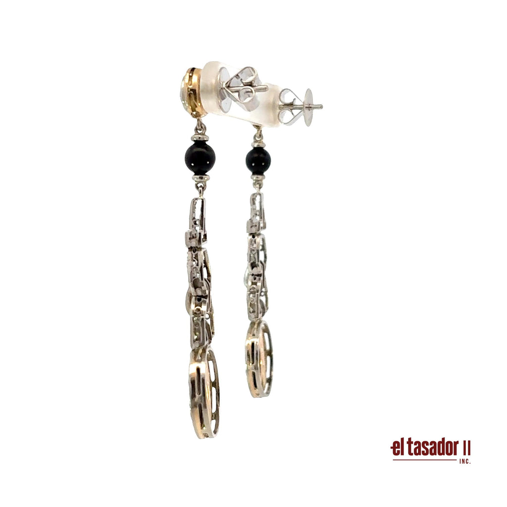 Drop earrings 12.8 g gold & platinum, Center 0.80 ct, onyx & 0.60 ct of diamonds
