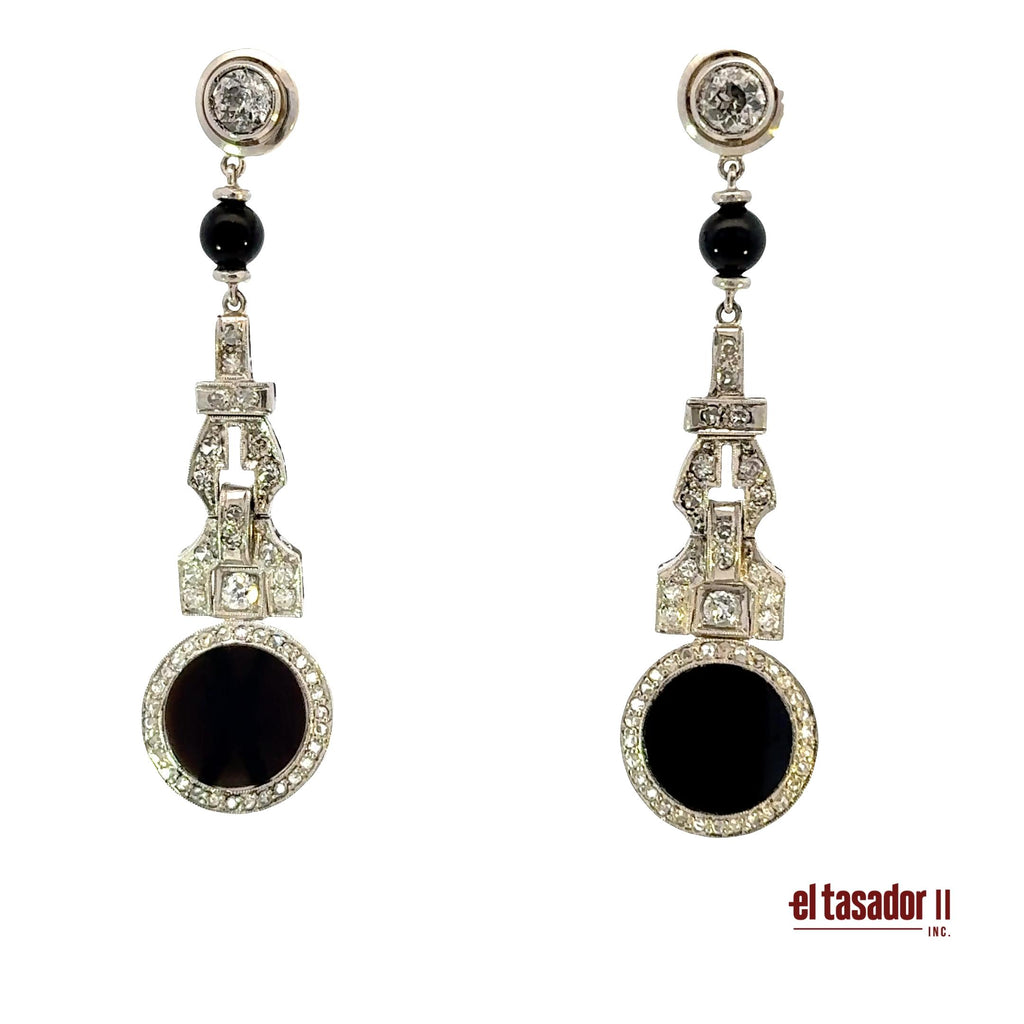 Drop earrings 12.8 g gold & platinum, Center 0.80 ct, onyx & 0.60 ct of diamonds