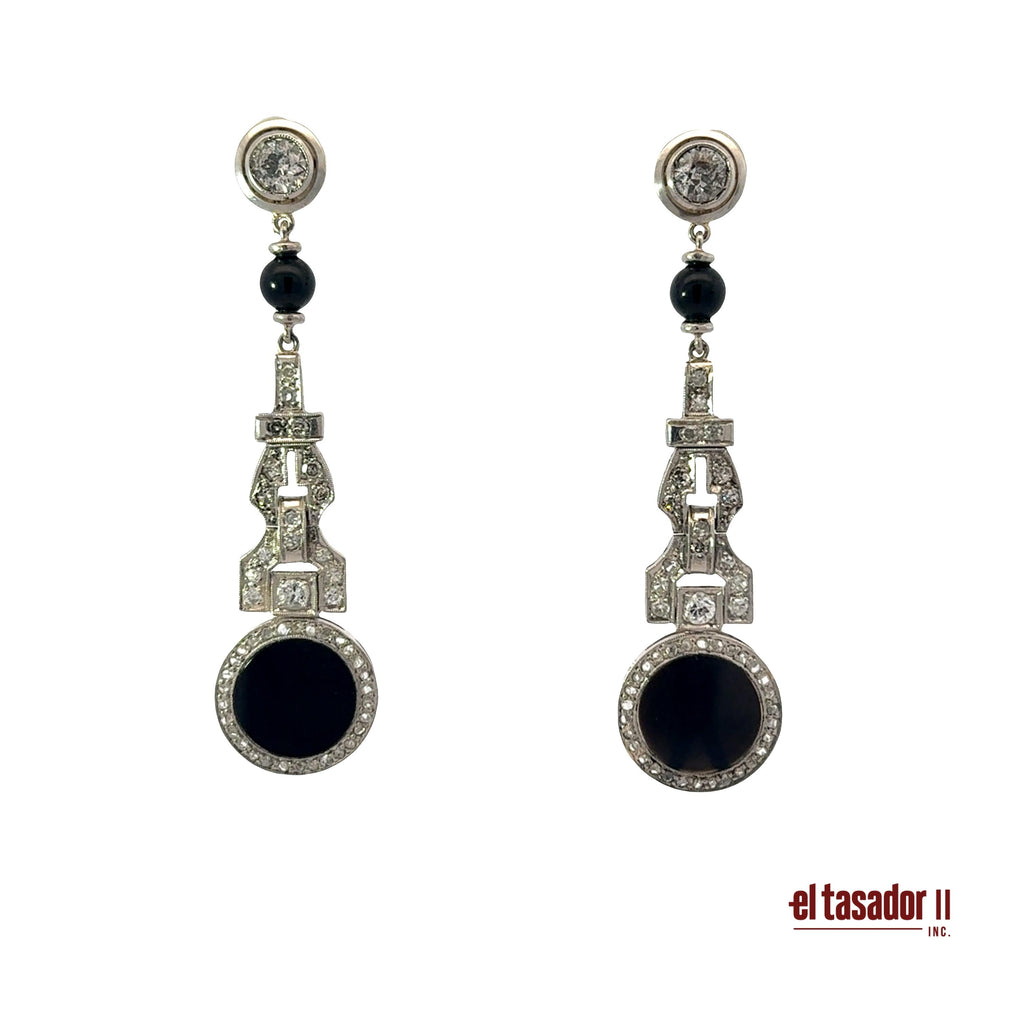 Drop earrings 12.8 g gold & platinum, Center 0.80 ct, onyx & 0.60 ct of diamonds