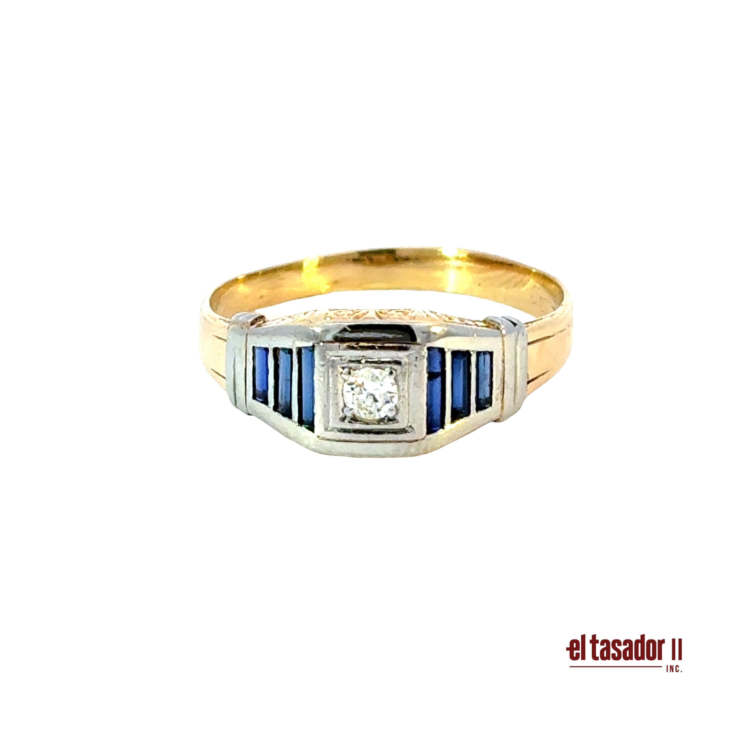 5 g 18k gold and platinum ring, center stone 0.12 ct and baguette sapphires