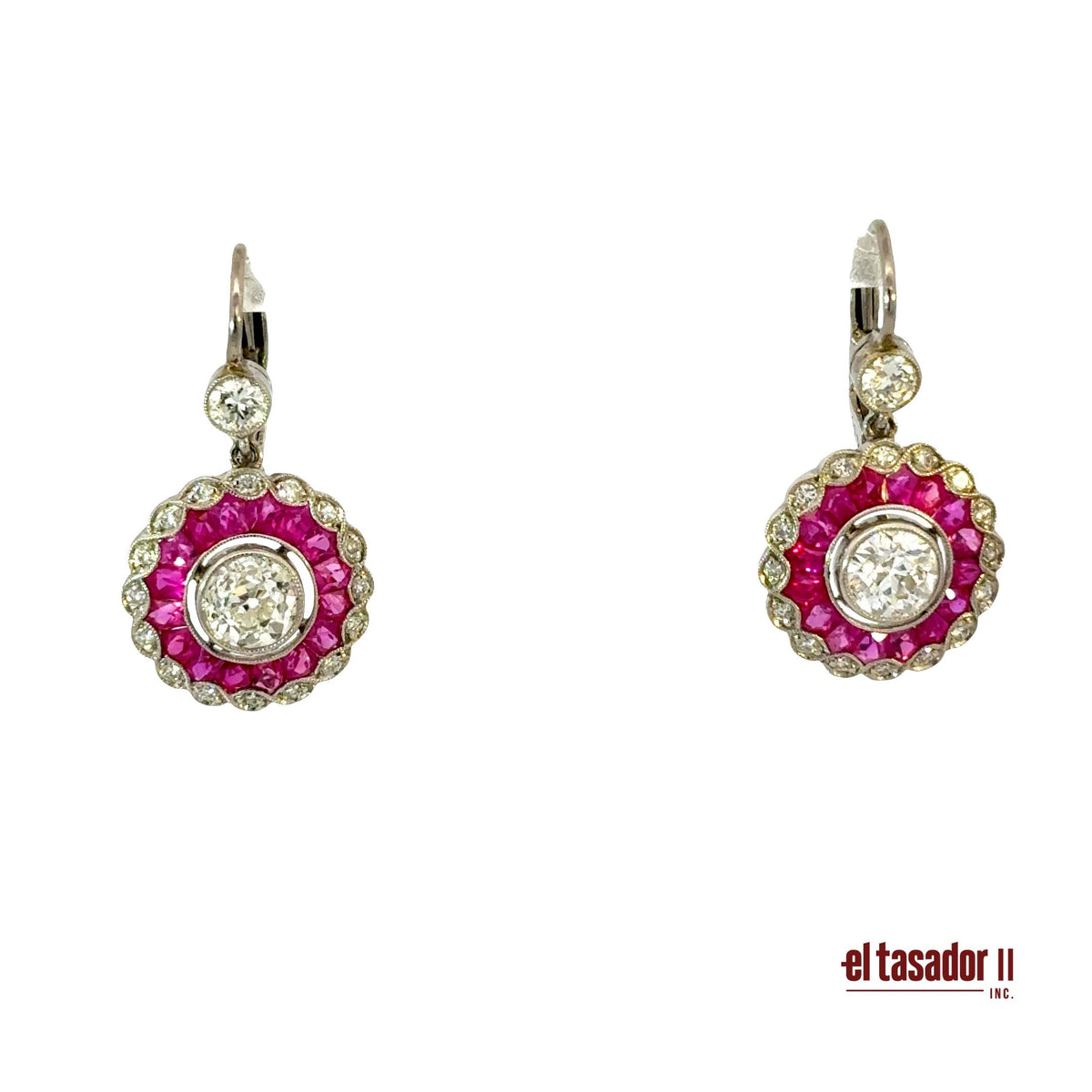 Earrings 6.5 g of platinum, Old cut center stones 1.28 ct and samll diamonds